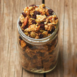 Grain Free Cherry Granola in a glass farm jar
