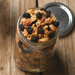 Almond Cherry Granola in a glass farm jar