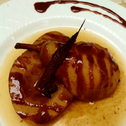 Poached Pears with Chocolate Cherry Bourbon Sauce